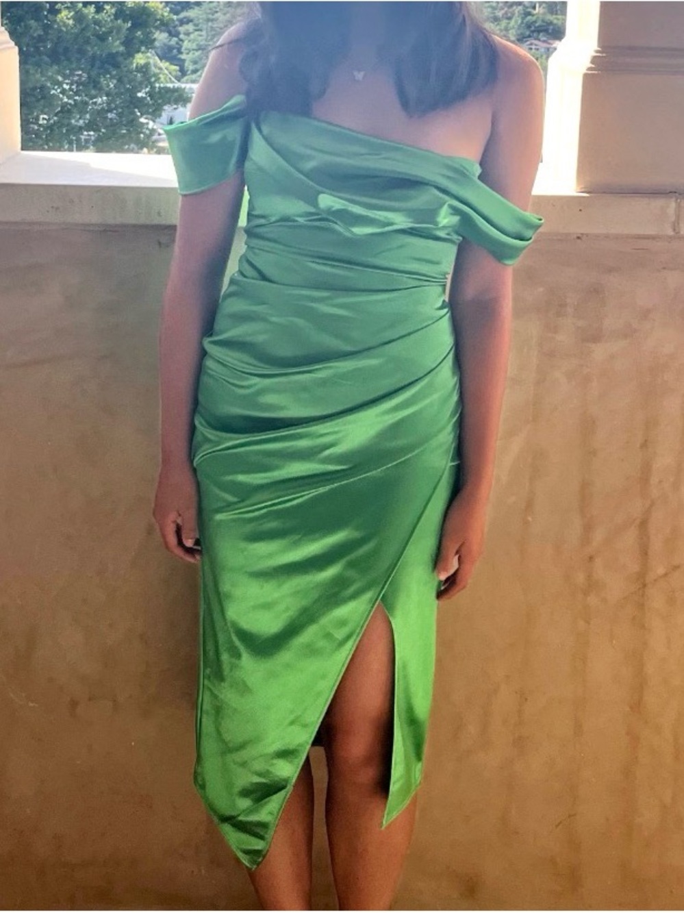 BCX One-Shoulder Satin Green Midi Dress with Side Slit